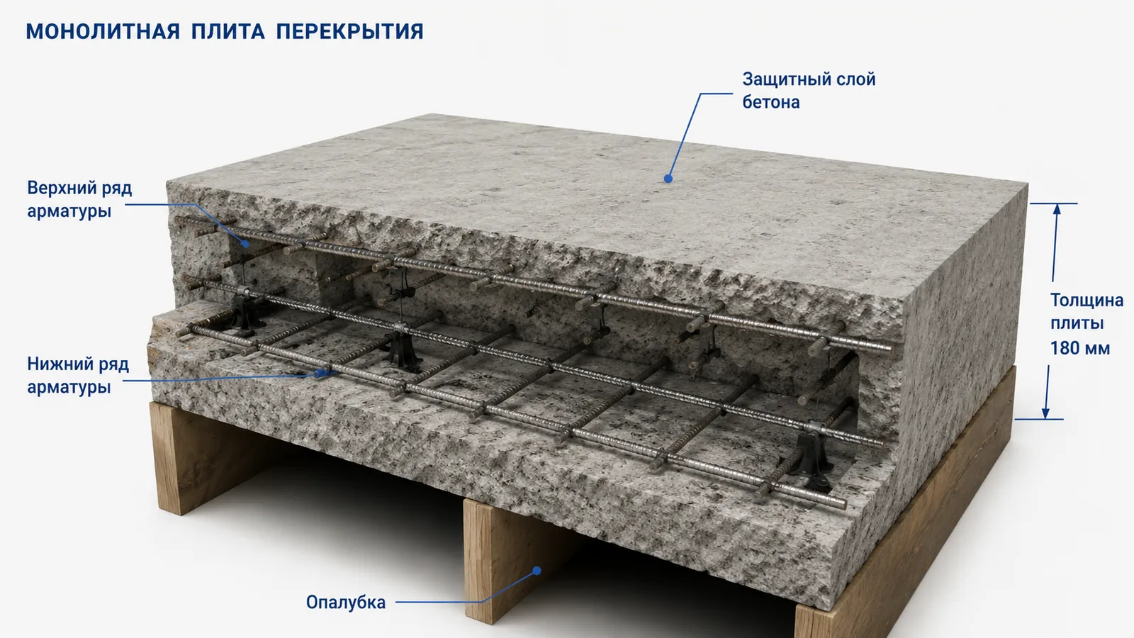 Разрез монолитной плиты перекрытия: арматура и защитный слой бетона