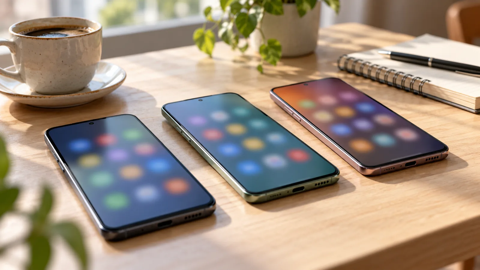 Три Android-смартфона на столе рядом с чашкой кофе